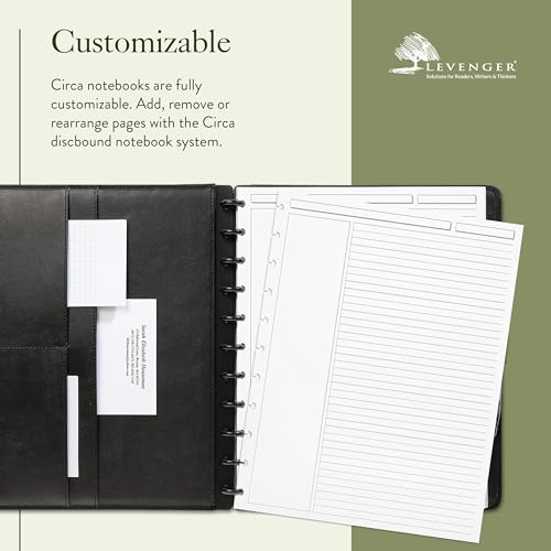 Levenger Circa Premium Leather Foldover Discbound Notebook Journal with Pockets, Black, Letter