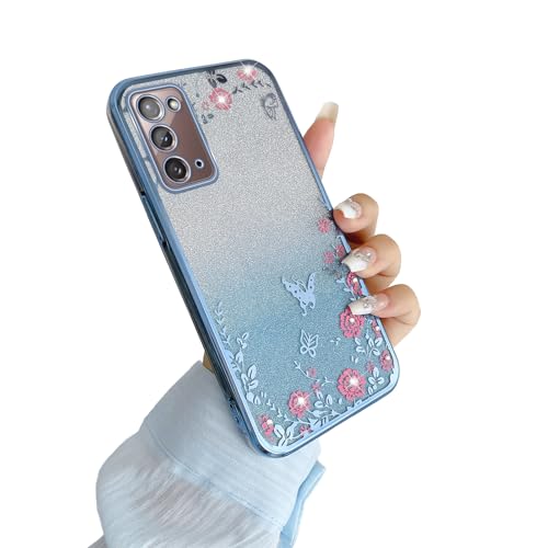 Image of for Note 20 Case,Galaxy Note 20 Case for Women Gradual Change Glitter Crystal Soft TPU Stylish Butterfly Floral Heart Clear Protective Cover with Strap for Samsung Note 20 (Blue)