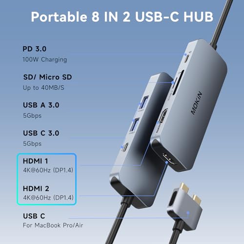 Docking Station for MacBook Pro Air,USB C Docking Station Dual Monitor,Dual HDMI Adapter Hub for Mac MacBook Pro with 2 HDMI(4K @60Hz), 3 USB3.0,SD TF Card Reader and 100W PD USB C Port by MOKiN - Image 3