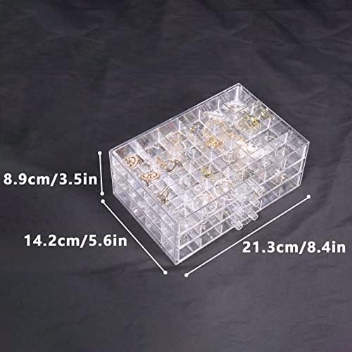 Nwvuop Earring Storage Box Clear Acrylic Jewellery Storage Box Clear Earring Holder with 3 Drawers 72 Small Compartments for Ring Earring