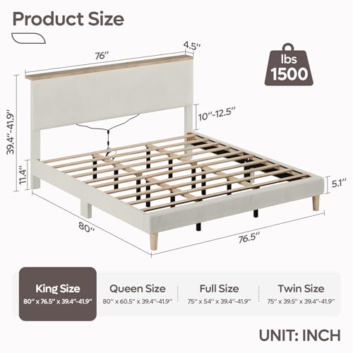 Image of Bestier King Bed Frame with Storage Headboard & LED, Upholstered, Beige