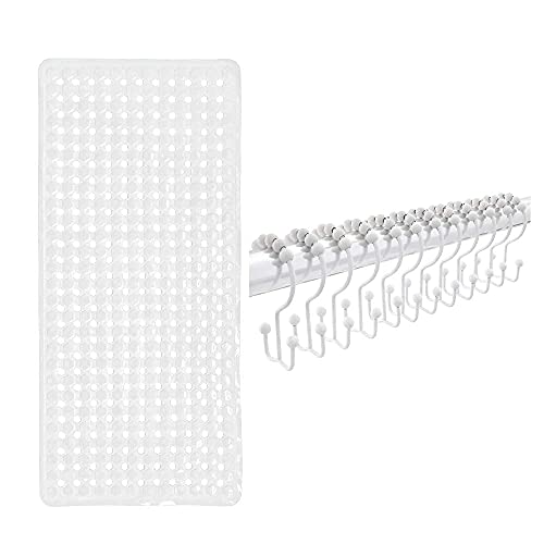 Gorilla Grip Bathtub Mat And Shower Curtain Hooks, 12 Pack, Both In White Color, Bath Mat Is 35X16 Size, Shower Hooks Are Rust Resistant, 2 Item Bundle #TOP24
