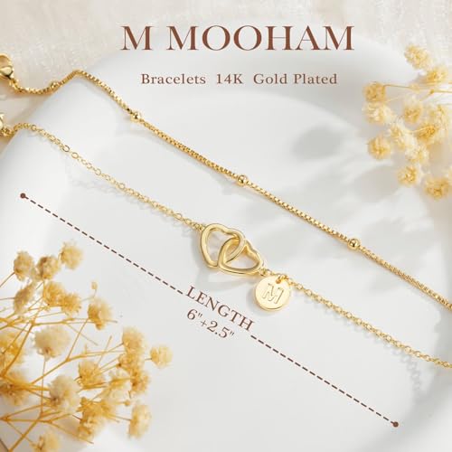 M MOOHAM Gold Initial Bracelets for Women, Dainty 14K Gold Plated Disc Initial A-Z Bracelet Jewelry, Satellite Chain Double Hearts Bracelets, Birthday Gifts for Women Mom Daughter Friend 6