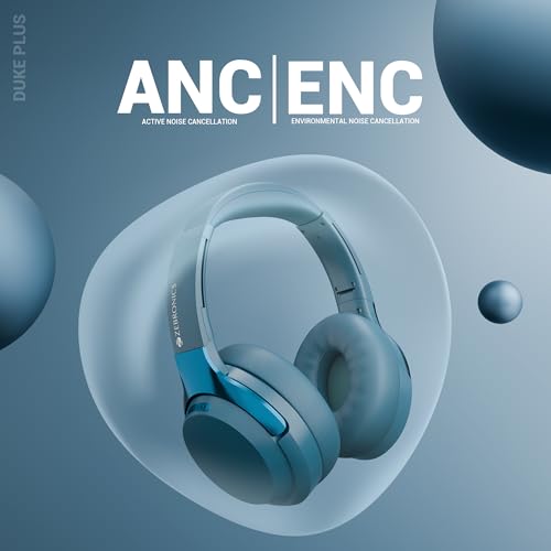 Image of ZEBRONICS Duke Plus, Wireless Over Ear Headphone with ANC, ENC, Gaming Mode, Dual Pairing, Rapid Charge, Upto 70* Hours Backup, Bluetooth v5.4, AUX, Comfortable Earcushion, Deep Bass (Blue)