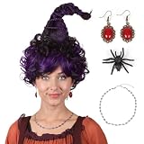 FantaLook Purple and Black Wig with Spider Clip Earrings and Necklace for Halloween Cosplay Party