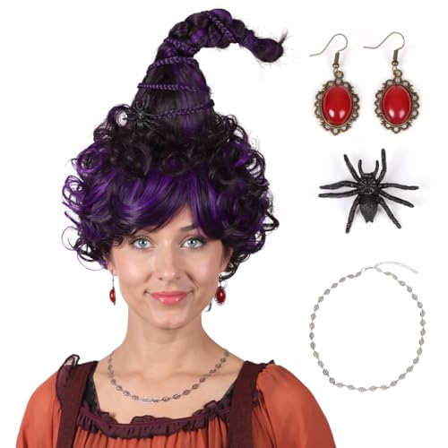 FantaLook Purple and Black Wig with Spider Clip Earrings and Necklace for Halloween Cosplay Party by FantaLook - Used condition - US$21.91