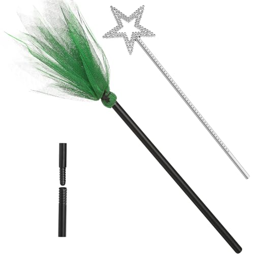 Arrowbash 2pcs Halloween Witch Broom and Wands, 35.4&13.78in, Silver& Green
