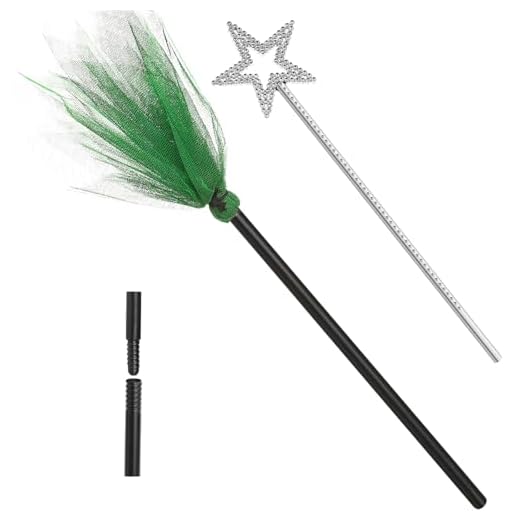 Arrowbash 2 Pieces Witches Broom and Witch Wands Star Fairy Princess Wand Broomstick Adult Cosplay Costume Props Masquerade Dress up Christmas Party Favors (35.43 Inch,13.78 Inch,Silver and Green)