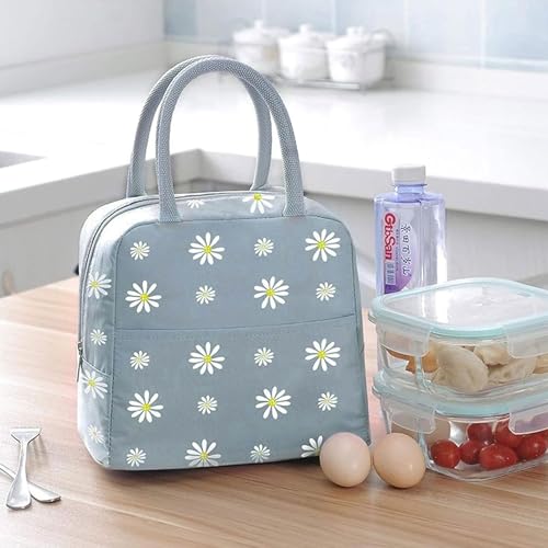 Image of Insulated Lunch Bag, Portable Thermal Lunch Bags Cooler Bag Daisy Pattern Lunch Box Organizer Tote Bag for Women Adults Kids Girls Work School Picnic Camping Travel (Grey)