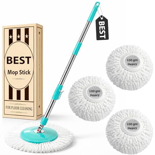 Image of Premium 360 Spin Mop Stick Rod with Stainless Steel Handle | Adjustable & Extendable Mop Handle | Heavy Duty Rust-Proof Floor Cleaning Rod Compatible with Spin Mop Refill - 3 Refill