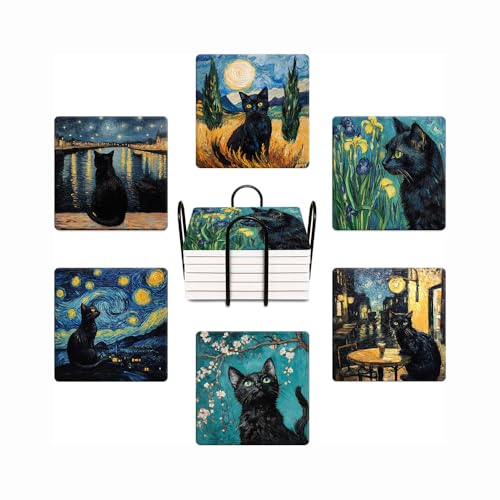 Set di 6 sottobicchieri per bevande, motivo: Van Gogh Art e gatto nero, assorbenti, quadrati, in ceramica, con base in sughero e supporto in metallo, decorazione per la casa e il bar, idea regalo per