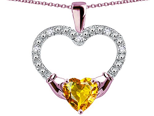 Star K Hands Holding Heart Genuine Citrine Claddagh Pendant Necklace