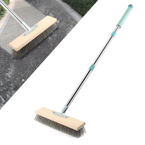 Robuster Drahtbesen mit Teleskopstiel (160 cm), Drahtbürste, steife Metallborstenbürste zur Reinigung von Moos, hartnäckigen Flecken auf Beton, Fugen, Garten, Garage, Terrasse, Schwimmbad