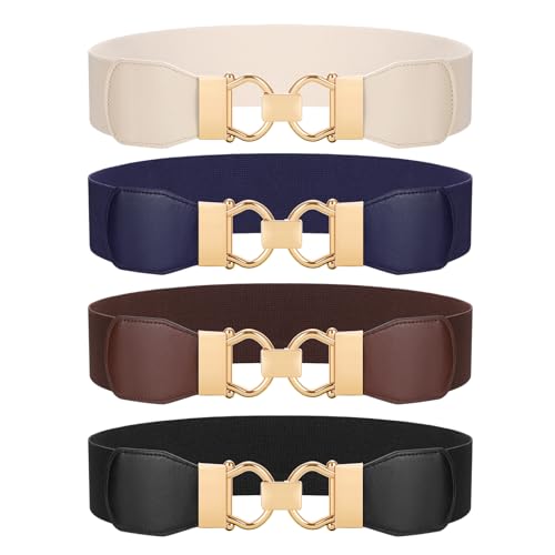 JASGOOD 4 Pack Wide Stretchy Belt for Women Elastic Waist Belt for Dresses Fashion Belt With Gold Buckle
