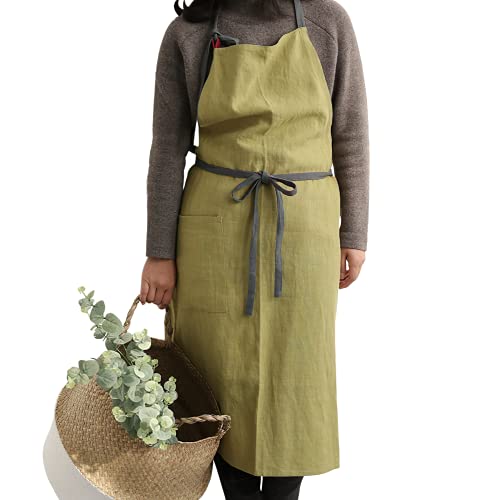 HANEE Kitchen Apron for Women and Men (Green) Linen Cooking Aprons with pocket