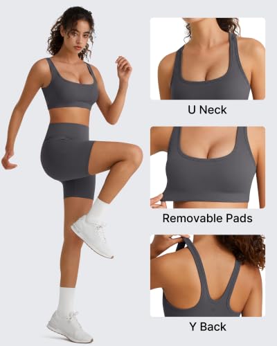 G4Free Medium Impact Sports Bra Women Wide Straps with Removable Pads U Neck Gym Yoga Pilates Casual Y Back Bras Crop Tank(Dark Gray,L) — view 3