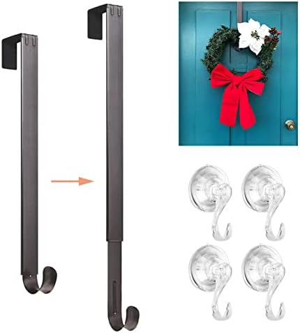 VIS'V Wreath Hanger, 15-24 Inch Adjustable Metal Wreath Hanger Front Door 20 LB Heavy Duty Over Door Wreath Hook with 4 Clear Suction Wreath Holders for Halloween Christmas Wreath Decoration - Nickle