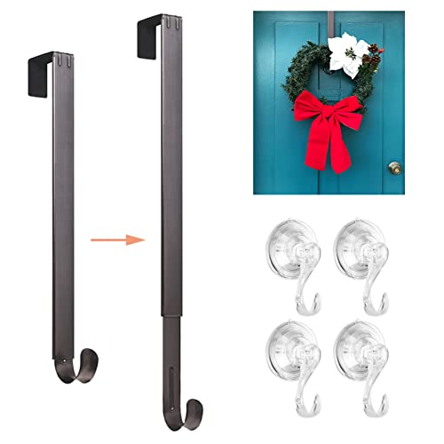 Vis'v Wreath Hanger, 15-24 Inch Adjustable Metal Wreath Hanger Front Door 20 Lb Heavy Duty Over Door Wreath Hook With 4 Clear Suction Wreath Holders For Halloween Christmas Wreath Decoration - Nickle #TOP23
