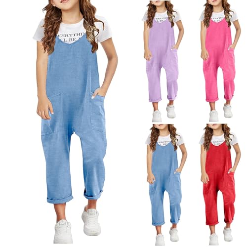 Girls Jumpsuit Adjustable Spaghetti Strap Loose Overalls Rompers Casual Baggy Plain Playsuits with Pockets Rompers Long Pants Dungarees Jumpsuits for Girls 4-13 Years (Blue, 8-9 Years)