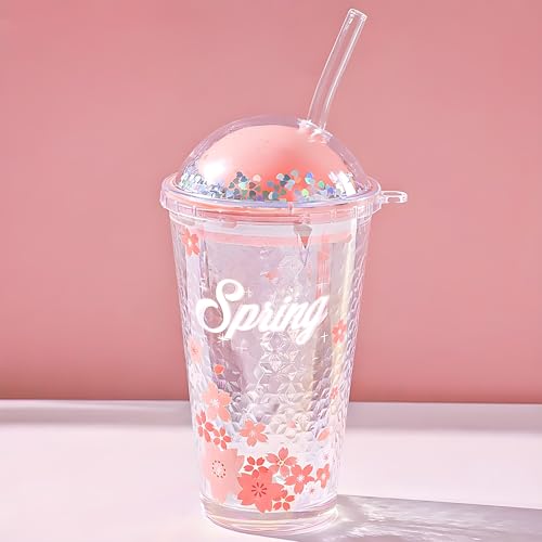 Image of Drinking Glasses Tumbler with Plastic Gliter Lid and Straw - 450ml, Set of 1, Travel Sipper Bottle for Juice Cocktail Iced Tea Coffee Smoothie Hot Cold Drink Cup Home & Travel