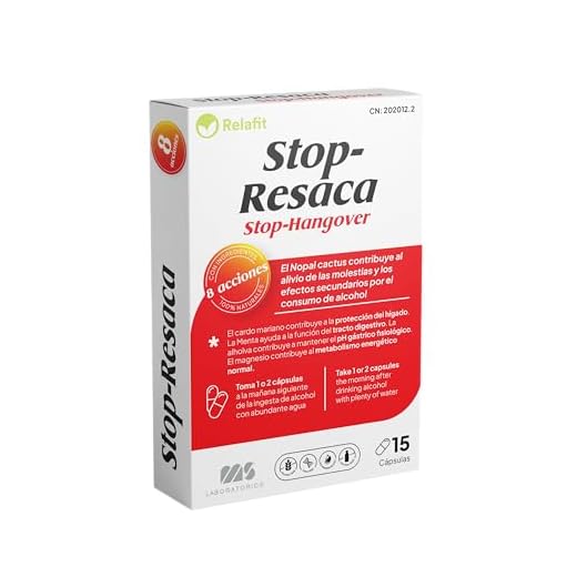 Stop Resaca – 15 Cápsulas | Relafit - Laboratorios MS | Vitamina B12 | Contribuye a la reducción de los efectos secundarios provocados por el consumo de alcohol.