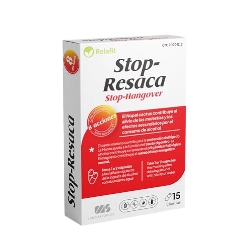 Stop Resaca – 15 Cápsulas | Relafit - Laboratorios MS | Vitamina B12 | Contribuye a la reducción de los efectos secundarios provocados por el consumo de alcohol.