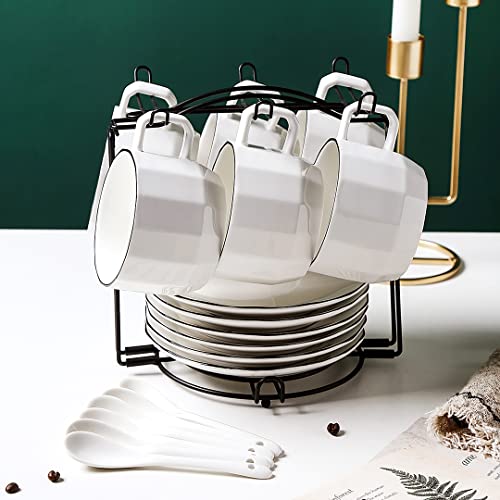 Yolife Porcelain Coffee Cups And Saucers Set With Display Stand And Spoons, Ceramic Tea Cups Set, 7.4 Oz (Black Rim) #TOP4