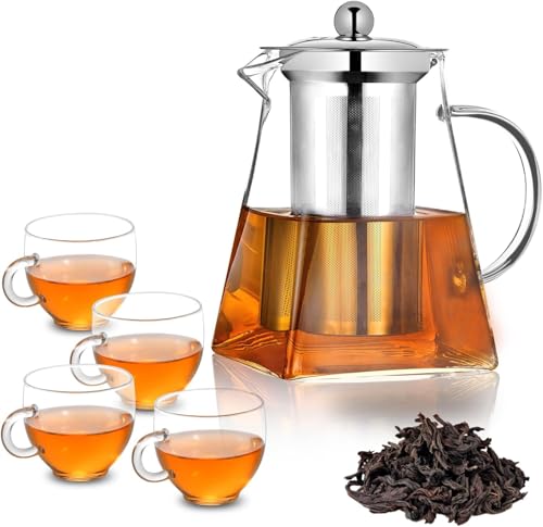 PluieSoleil 950ML Borosilicate Glass Teapot Set, Loose Leaf Teapots with Infuser, Square Tea Pot with Strainer & 4 Cups