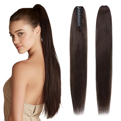 SEGOHAIR Human Hair Claw Clip Ponytail Extension 100% Real Human Hair Clip-In Extensions for Women Long Straight Pony Tails 14 Inches 105g 02 Dark Brown