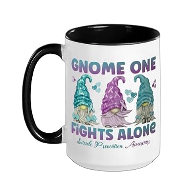 Gnome One Fights Alone Suicide Prevention Awareness Ceramic Mug, Black/White, 15oz