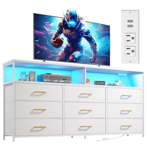 EnHomee 55" Dresser for Bedroom with Charging Station, 65 Inch TV Stand with 9 Fabric Drawers