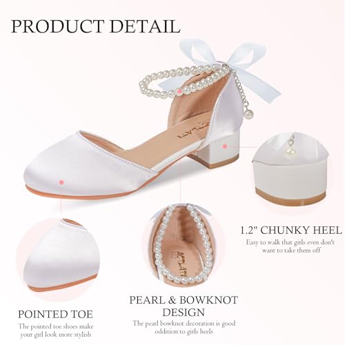 KDVOG Girls Dress Shoes High Heels Sandals Decorative Pearls Ankle Strap Flower Girl Little Big Kid Mary Jane Wedding Party Communion Pump Shoes(White Satin,Little Kid 3) by KDVOG - Used condition - Image 4