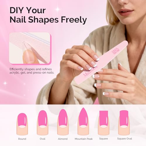 MelodySusie Nail File Kit, 10Pcs Double Sided 100/180 Grit Mixed-Shapee Emery Boards for Nails, Professional Manicure Pedicure Supplies for Home and Salon Use, Pink - Thumbnail 3