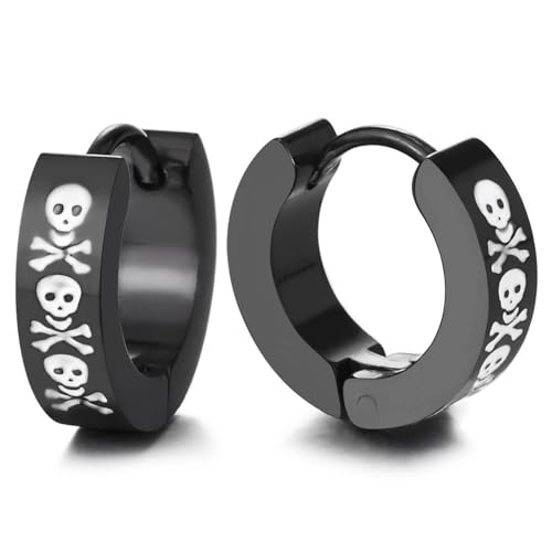 Negro Huggie Aro Bisagras Pendientes con Cráneo y Cruz Hueso, Pendientes para Hombres, Acero Inoxidable