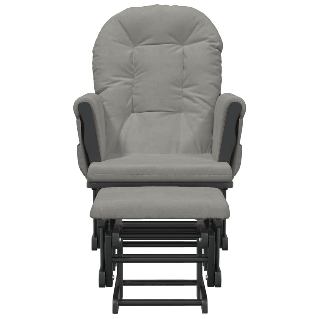 Poltrona a dondolo con sgabello scorrevole, tessuto grigio chiaro, legno massiccio di caucciù, imbottitura con braccioli, ergonomica, per soggiorno, camera da letto, cameretta dei bambini