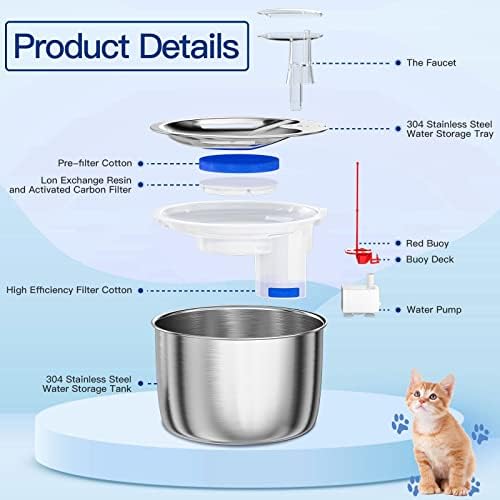 Spofan Drinking Fountain for Cats, 67 oz/2 L Stainless Steel Pet Cat Fountain, Ultra Quiet Pump Cat Water Dispenser for Cats, Dogs, Multiple Pets