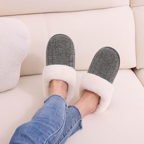 Image of Evshine Warm Knit House Slippers for Women Comfy Wool-Like Lined Chenille Slippers with Memory Foam and Indoor Outdoor Soles