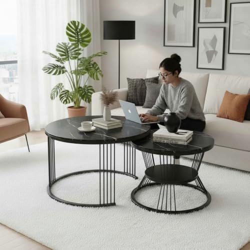 Image of Round Coffee Table Set of 2 for Living Room Wooden Top with Gold Metal Frame Modern Nesting Center Table for Sofa Area Home & Office Furniture (Full Black)