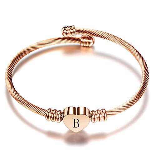 Image of LSxAB Women Initial B Letter Cuff Bracelet Rose Gold Heart Personalised Bangle Wristband Bracelets Expandable