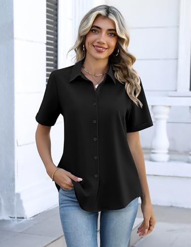 Image of Zeagoo Button Down Shirts for Women Short Sleeve Collared Tops Dressy Casual V Neck Blouses