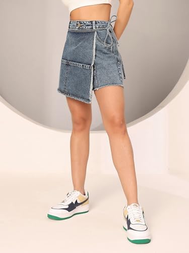 Image of Dolce Crudo Women's Relaxed Fit Mid-Rise Denim Shorts with Adjustable Waist & Frayed Hem