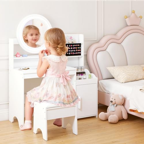 Image of INFANS Kids Vanity with Lights, Princess Makeup Desk with Mirror Storage Shelves, Toddler Table and Chair Set Pretend Play for Girls Aged 4-9 (Cream White)