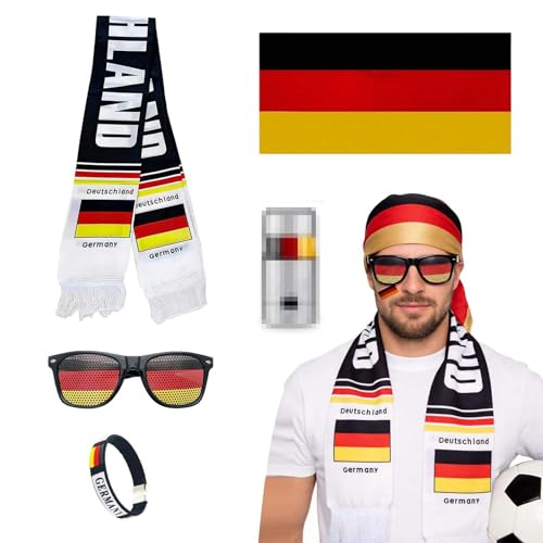 RgitFzi 5 Stück Deutschland Fanartikel Set Komplette Fan Ausrüstung mit Schal Armband Sonnenbrille und Kopftuch Fußball 2026 und Fanartikel für Stadionbesuche und Public Viewing