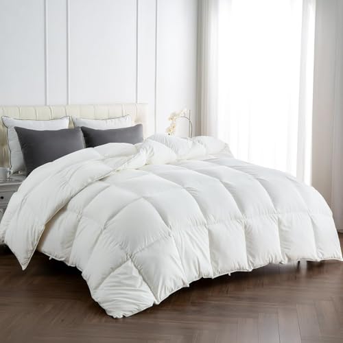 APSMILE Premium Down Feather Fiber Comforter Queen Size, All Season Duvet Insert Queen Size with 8 Corner Tabs, Ultra Soft Poly-Cotton Cover Down Feather Fiber Comforter (White, 90 * 90