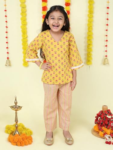 Image of The Magic Wand Cotton Night Suit for Girls 3 /4 Sleeves Baby Kids Flora Print Top & Pant Set Sleepwear Night Dress co ord Set, Nightwear Girls Pyjama Set