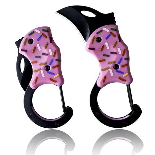 SISITECH Small Pocket Folding Knife with carabiner, Cool Box Cutter with 1.34inch Blade, mini Edc Knives for Everyday Carry Outdoor Survival Camping, Great Gift For Men and women (donut)