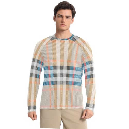 Yellow Plaid Fashion Blue Men's UPF 50+ Loose Crew Neck Comfort Mens Sun Shirts UV Protection Long Sleeve Beach