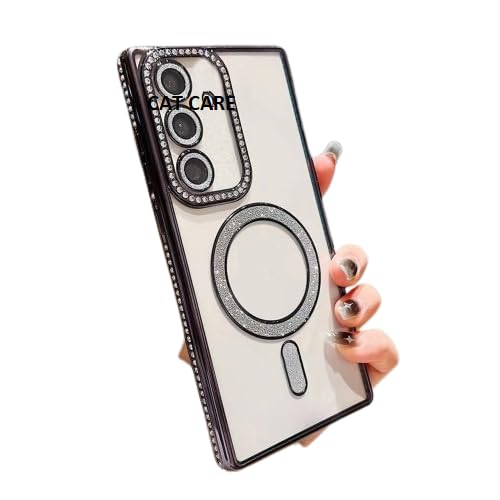 Cat Care Cute Compatible with Samsung Galaxy S24 FE 5G Diamond Glitter Case,Luxury Bling Rhinestone Soft Clear TPU Bumper Case, for MagSfe and Camera Lens Protection Cover for Women Girls (Black)
