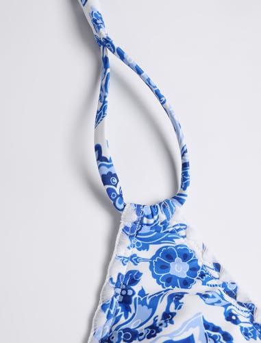 Image of ZAFUL Women Halter Dual Straps Whip Stitch Floral Triangle Bikini Swimsuits | Color Block Whip Stitches Trim, Halter Dual Shoulder Straps, Popular Floral Print, Cheeky Bikini Bottom, Tie Back