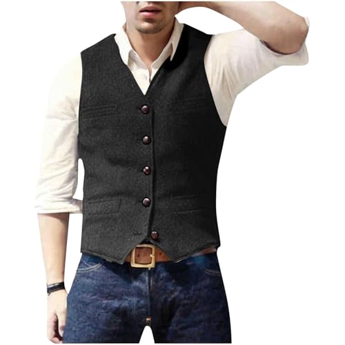 Image of Men's Wool Tweed Waistcoat UK Clearance Herringbone Suit Vest Single Breasted Tank Tops Sleeveless Shirt V Neck T Shirts Plain Casual Jacket Slim Fit Coat Formal Business Blouse Wedding Party Costume